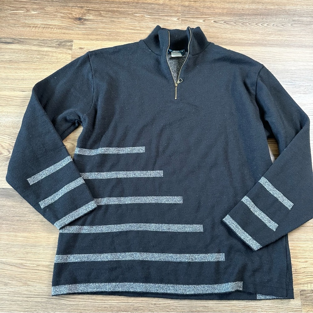 Centro Maglia 1/4 Zip Sweater Wool Blend XL Italy Black Stripe Heavy Knit Luxury